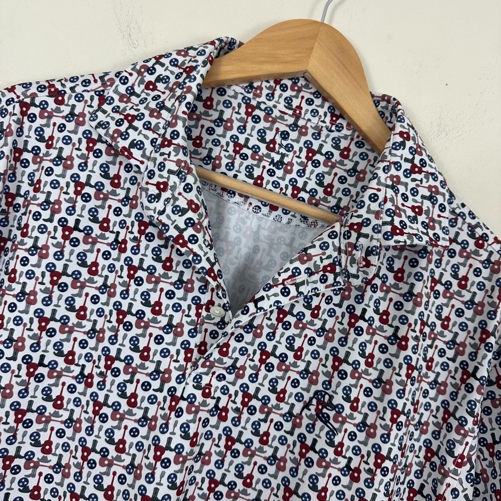 Rhoback Polo Shirt Red Blue White Music Guitar Cowboy Western Mens Medium